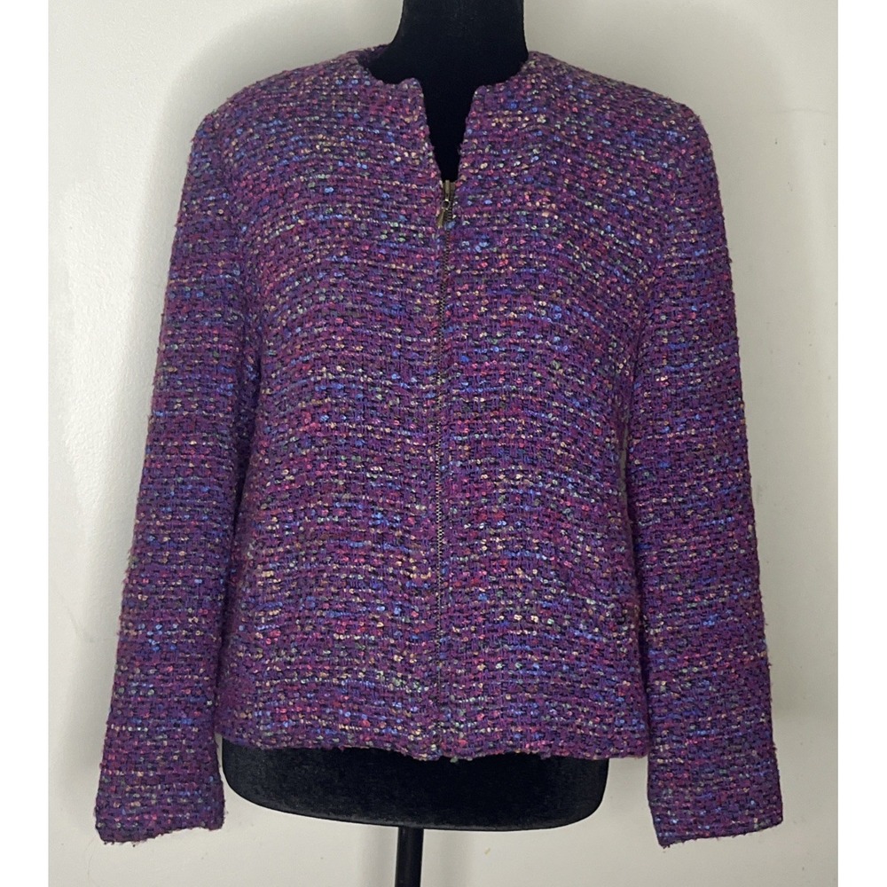 Koret Petites Vintage Purple Multicolor Tweed Zip Up Jacket Wool Blend Size 8